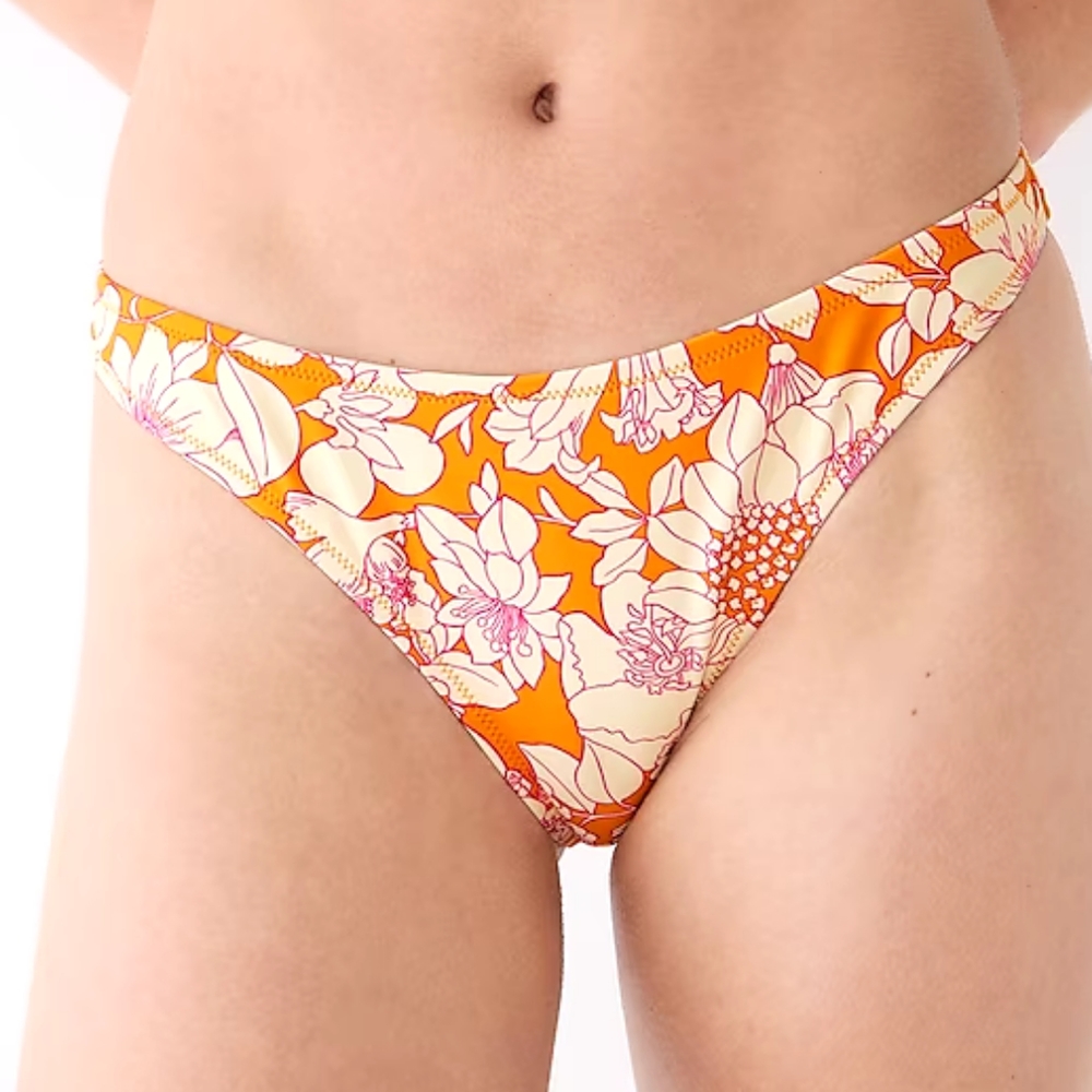 J.Crew floral cheeky mid rise high cut leg bikini bottoms, small, orange